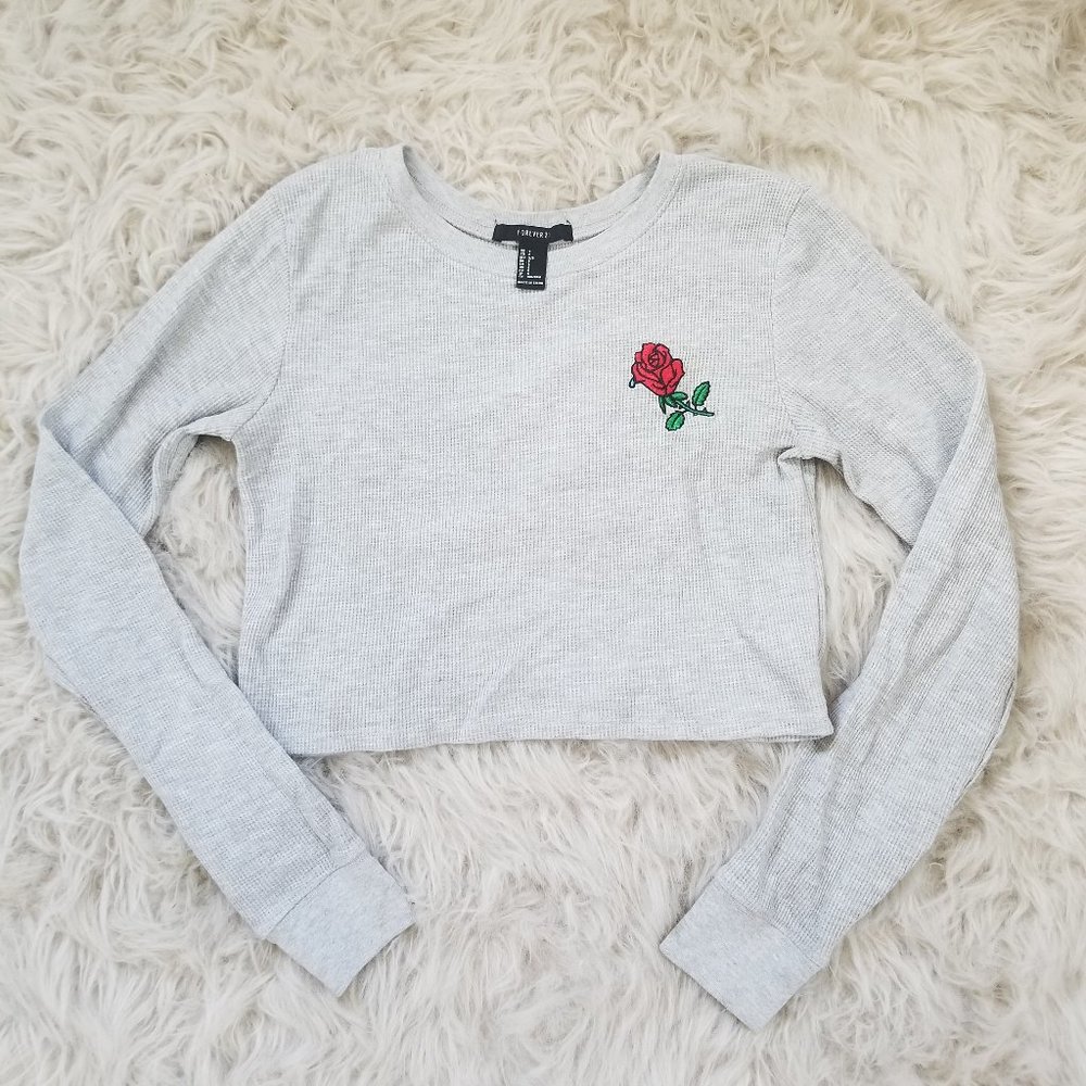 Forever 21 Grey Long Sleeve Crop Top Rose Detail